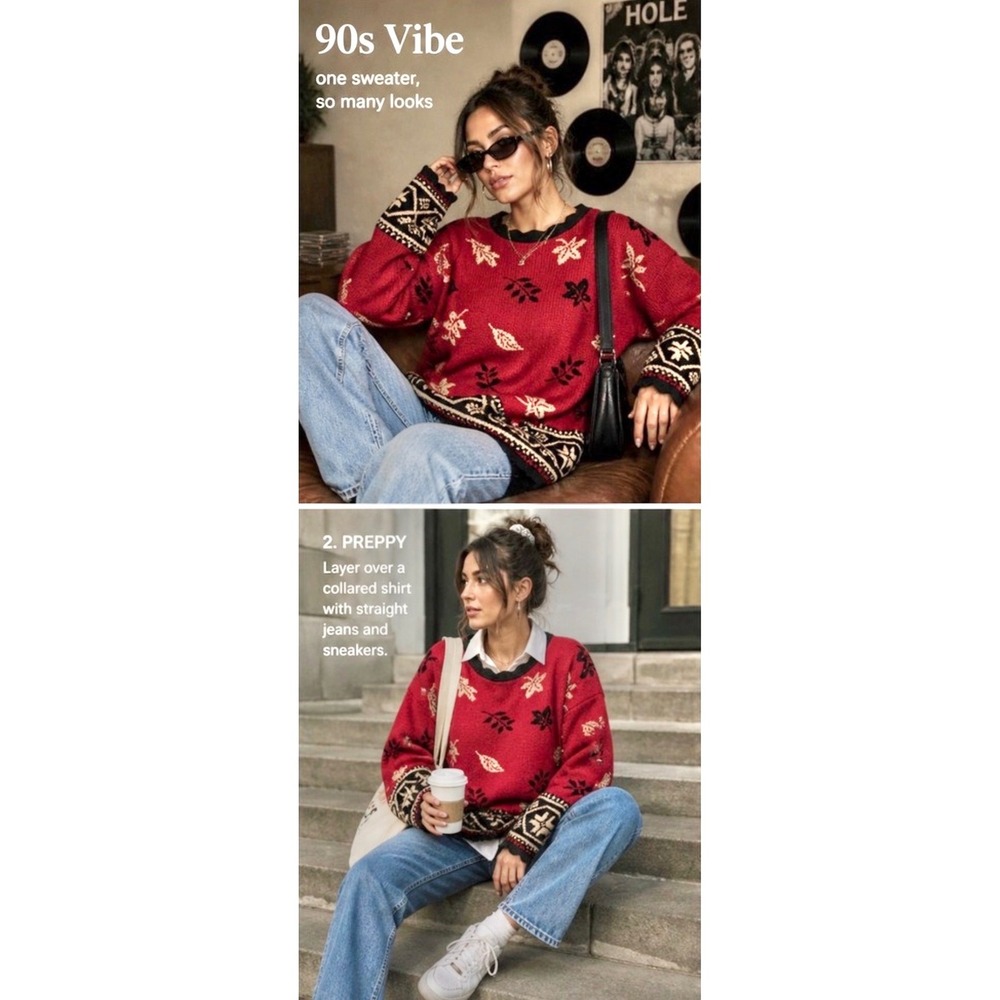 Vtg 90s Sweater Womens Small Red Leaves Scalloped‎ Hem USA Grandmacore Cabincore
